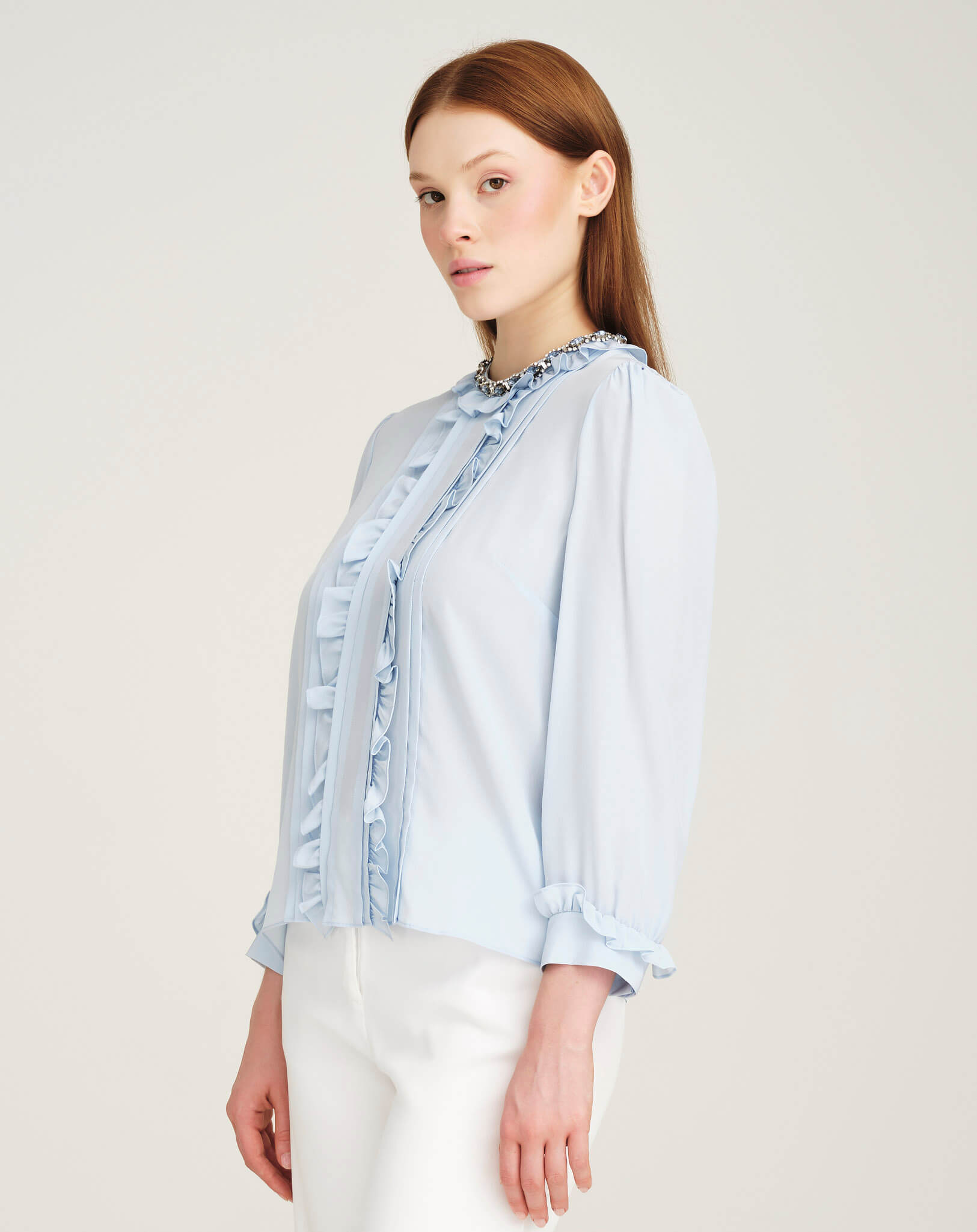 Miu Miu - Baby Blue Ruffled Crystal Collar Embellished Blouse IT 42